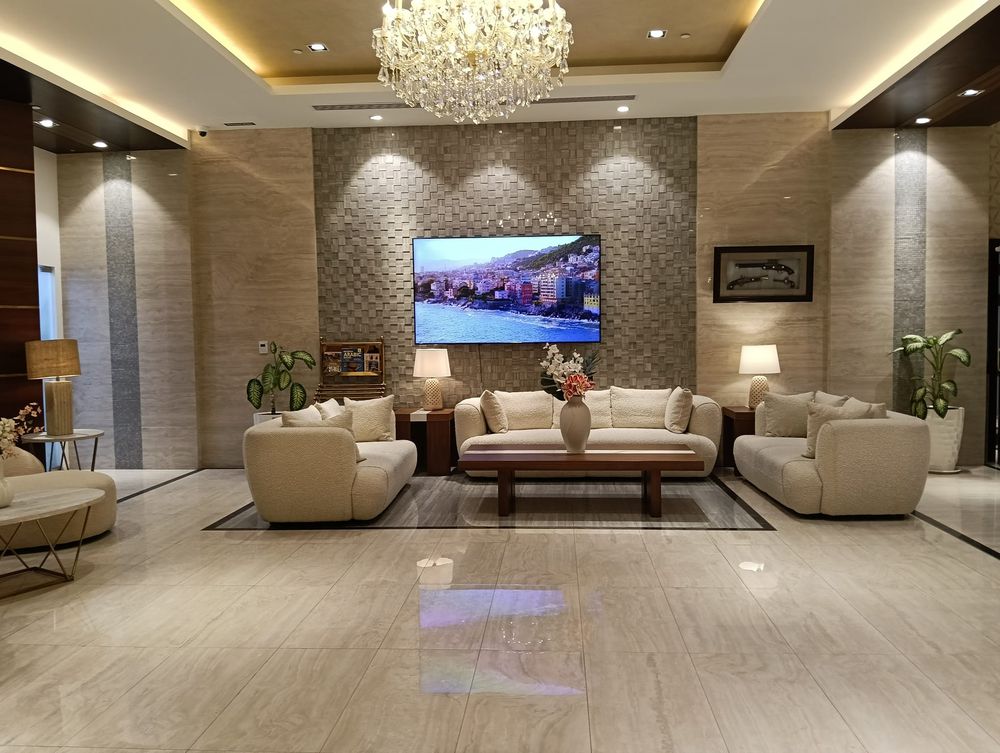 Lobby lounge with feature TV wall